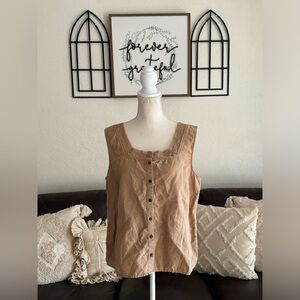 J Jill Fitted Top L Crochet Lace Square Neck Brown Linen & Cotton Sleeveless